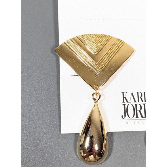 Vintage Karla Jordan Gold Tone Asian Style Fan Charm Bold Clip Earrings Unique - Picture 3 of 5